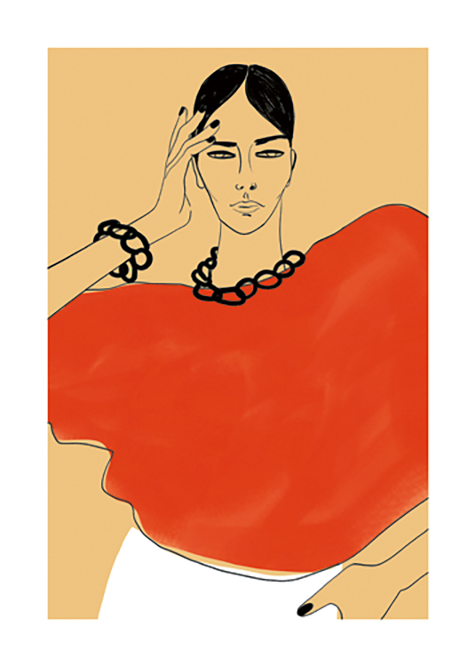  – Grafische illustratie van een vrouw met haar hand tegen haar slaap, die een rood shirt en zwarte juwelen draagt