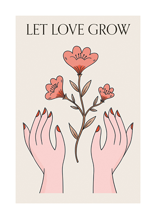  – Grafische illustratie van rode bloemen tussen een paar handen tegen een beige achtergrond, met tekst erboven