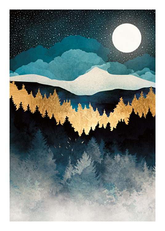  – Grafische illustratie van een bos met gouden en blauwe bomen en een maan en sterren op de achtergrond