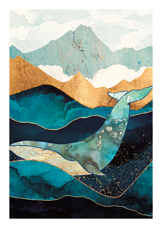  – Grafische illustratie van een walvis in goud en blauw, omringd door oceaangolven in blauw en goud