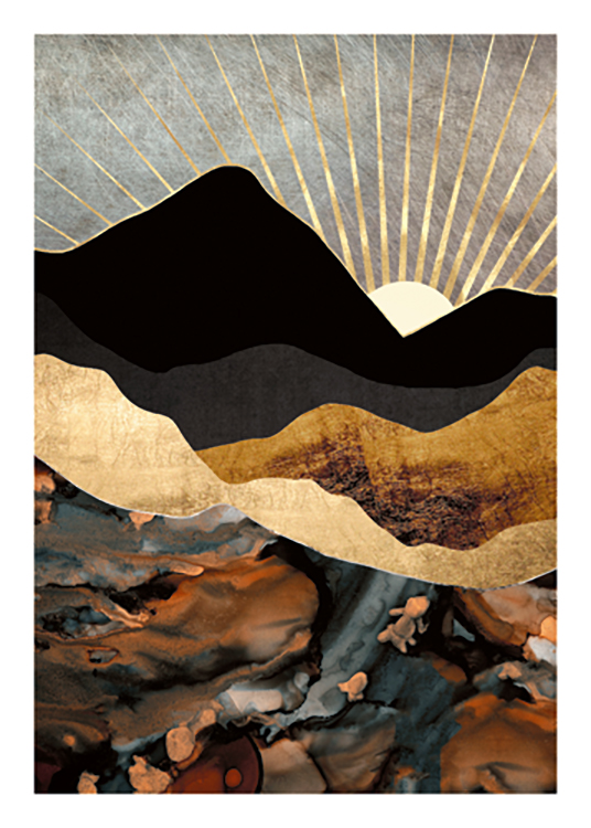  – Grafische illustratie van gouden en zwarte bergen met een gouden zonsondergang op de achtergrond