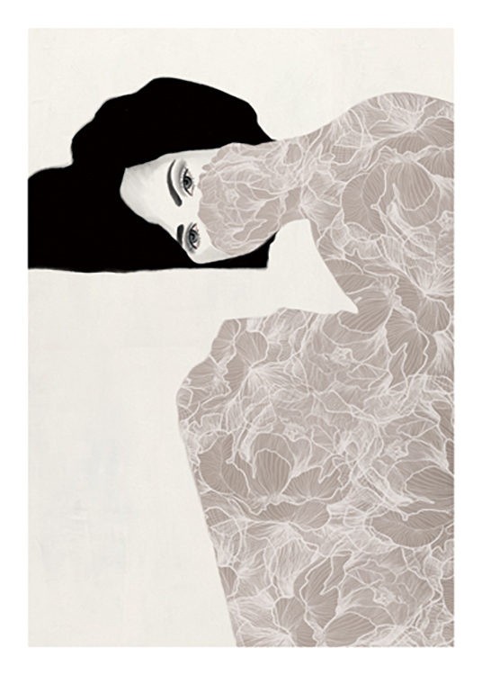  – Tekening van een vrouw met haar mond en lichaam bedekt door wit bloemenpatroon op een beige achtergrond