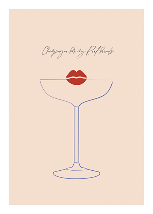  – Illustratie van rode lippen en een blauw martiniglas met tekst erboven, tegen een beige achtergrond