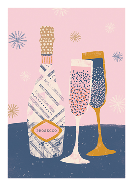– Grafische illustratie van een bril en een Prosecco-fles in roze, blauw en goud