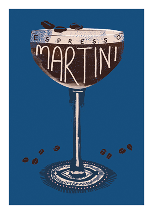  – Grafische illustratie van drinkglas met een Espresso Martini op een blauwe achtergrond