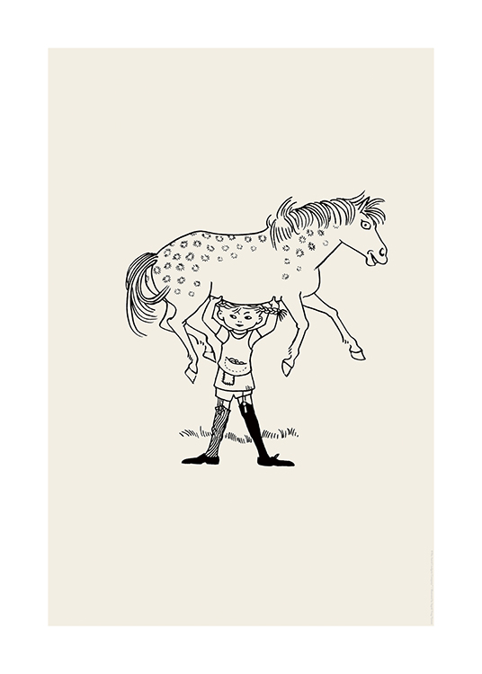  – Illustratie van Pippi Langkous die haar paard boven haar hoofd tilt, getekend in zwart 