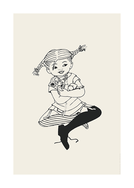 – Illustratie van de Pippi Langkous die met gekruiste benen zit met haar aap in haar armen