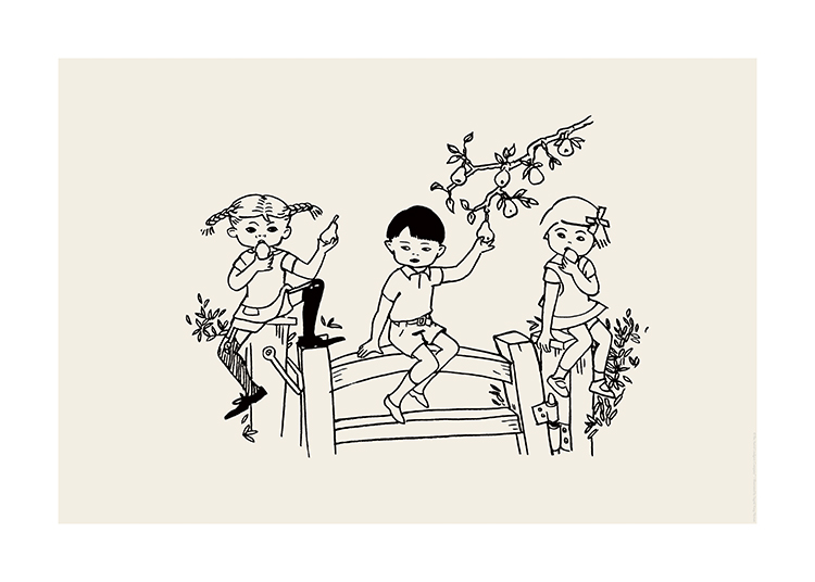  – Illustratie van Pippi Langkous, Tommy en Annica die op een hek met bladeren zitten