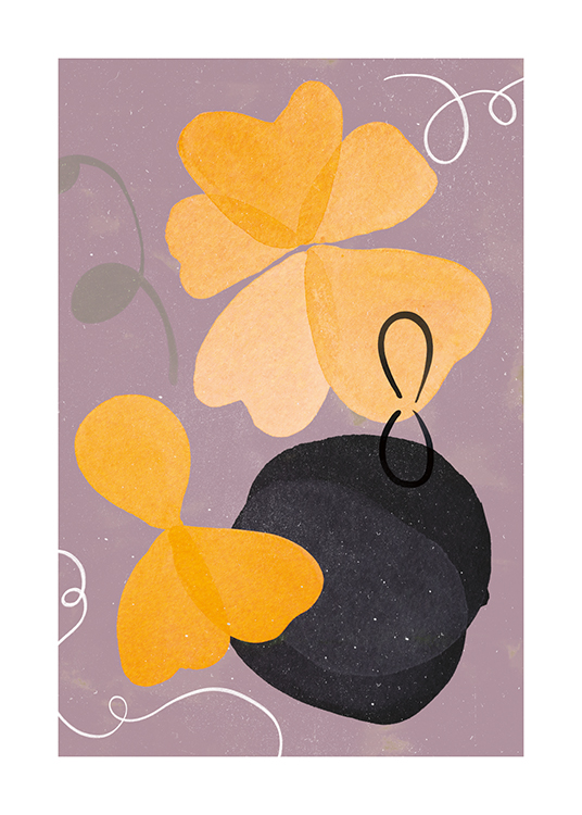  – Abstracte illustratie met gele en zwarte bloemen op een paarse achtergrond
