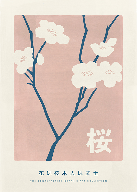  – Illustratie met bloemen in lichtbeige op blauwe stelen tegen een roze achtergrond, met tekst eronder