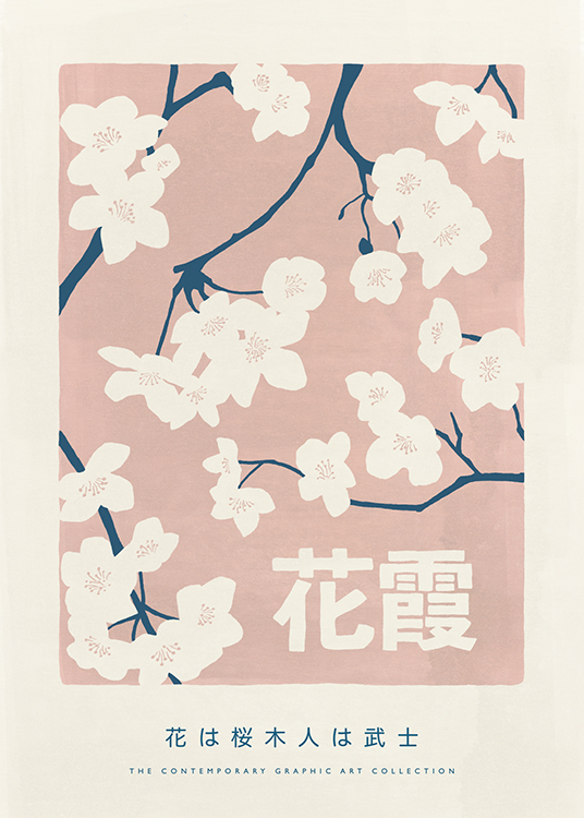  – Illustratie van lichtbeige bloemen met stelen in blauw, op een roze achtergrond met tekst aan de onderkant