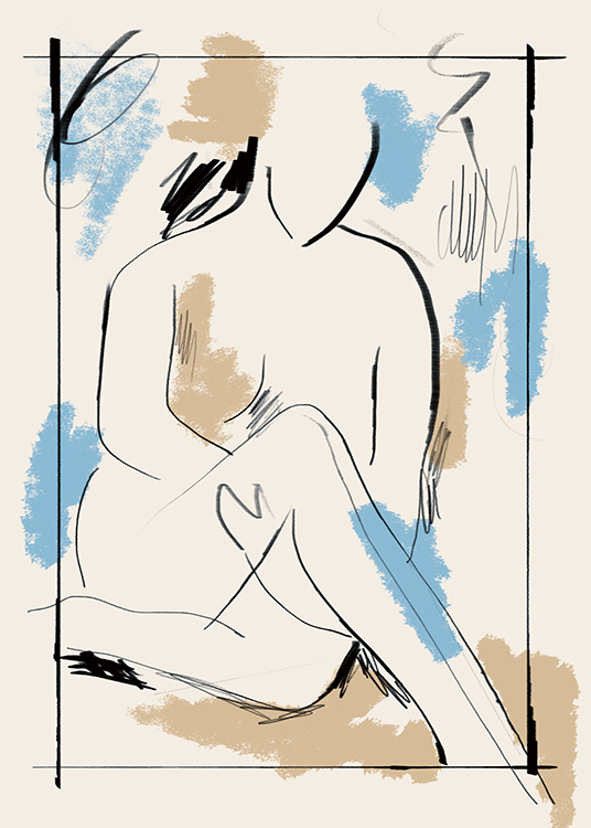  – Schilderij met een zittend, naakt lichaam en blauwe, beige en zwarte penseelstreken op een lichtbeige achtergrond