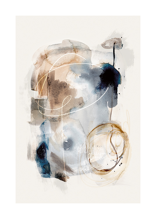  – Aquarel met abstracte penseelstreken in beige en blauwe tinten, op een lichtgrijze achtergrond