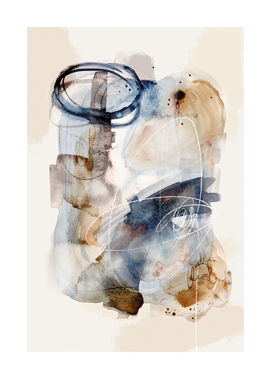  – Aquarel met een abstract figuur in blauw en beige, op een lichtgrijze achtergrond