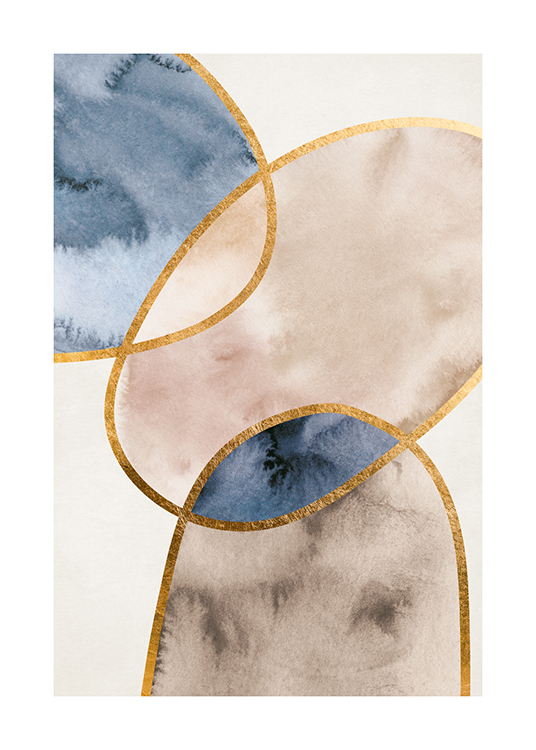  – Aquarel met abstracte vormen in beige en blauw, met gouden contouren, op een lichtgrijze achtergrond