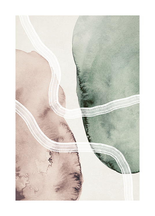  – Aquarel met twee abstracte vormen in beige en groen, bedekt met witte penseelstreken