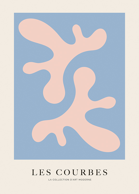  – Grafische illustratie met abstracte, roze vormen tegen een blauwe en lichtbeige achtergrond