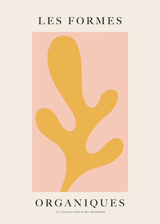  – Grafische illustratie van een vorm in geel op een roze en lichtbeige achtergrond