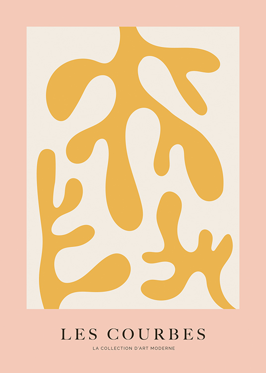  – Grafische illustratie van gele, abstracte koralen op een lichtgrijze en roze achtergrond