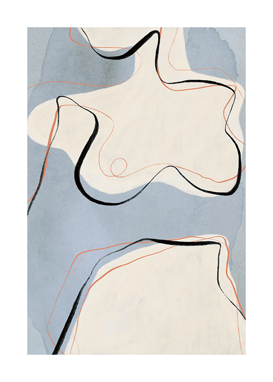  – Abstracte illustratie van een naakt, vrouwelijk lichaam in beige, geschetst in zwart en oranje op een blauwe achtergrond