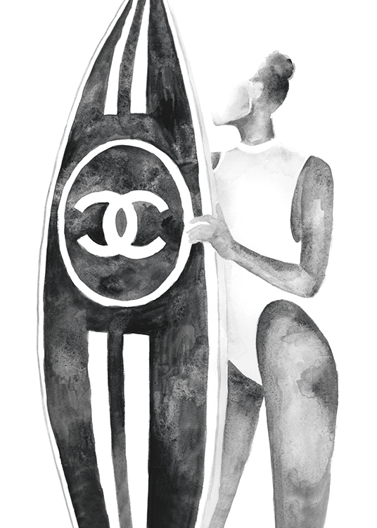  – Grijze illustratie van een vrouw die een surfplank met een Chanel logo vasthoudt
