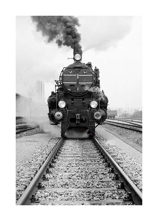  – Zwart wit foto van een oude trein, frontaal genomen