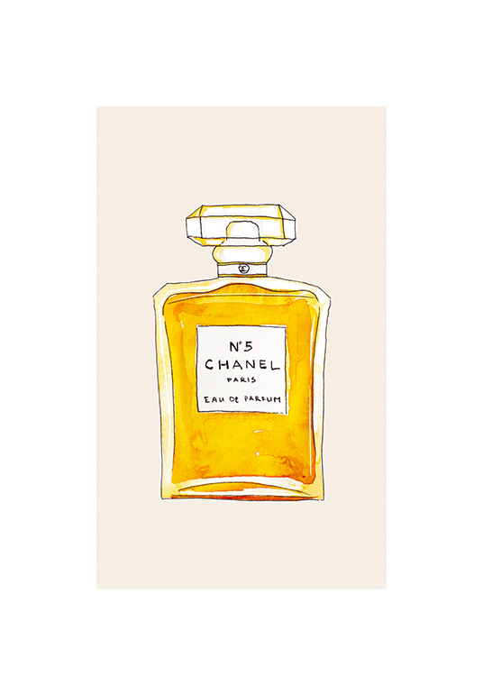  – Illustratie van een oranje parfumfles Chanel No5 op een beige achtergrond