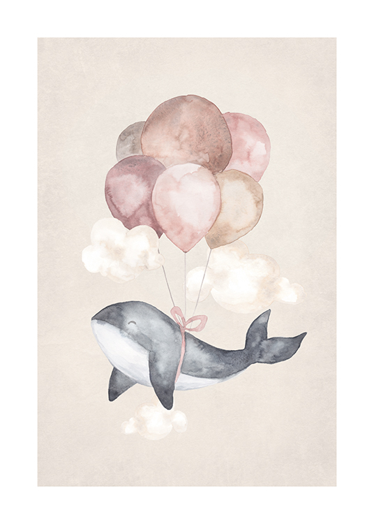  – Aquarel van een kleine walvis met ballonnen in roze en beige, tegen een beige achtergrond