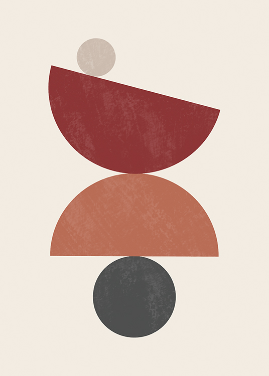  – Grafische illustratie met rode, oranje en zwarte cirkels en halve cirkels die bovenop elkaar balanceren