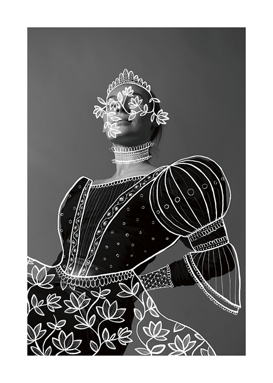  – Zwart-wit foto van een vrouw in een jurk, met witte contouren van een barokke jurk