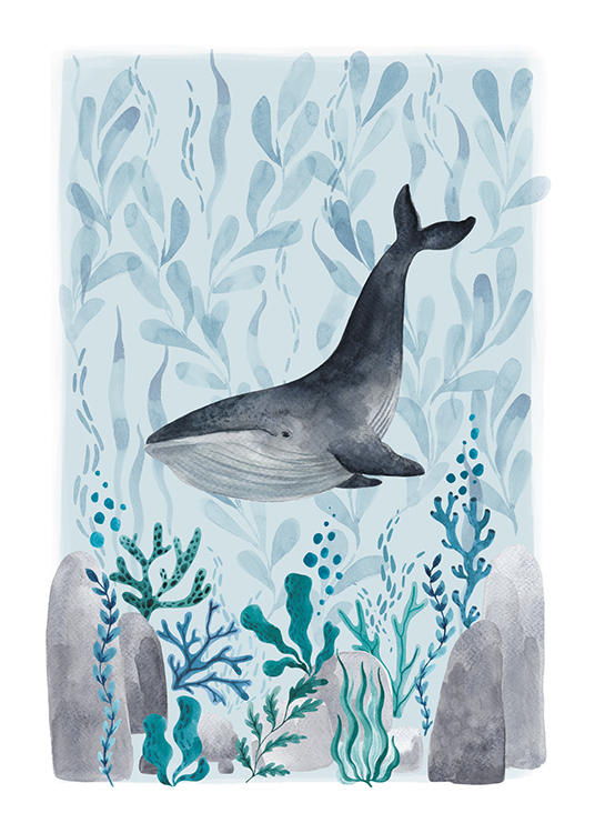  – Illustratie in aquarelverf van een walvis die tussen blauwe en groene planten zwemt, op een blauwe achtergrond