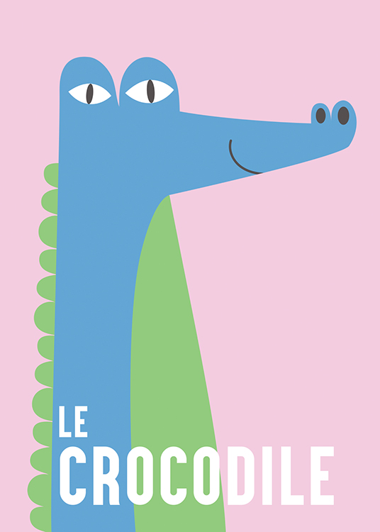  – Grafische illustratie van een glimlachende krokodil in blauw en groen op een roze achtergrond
