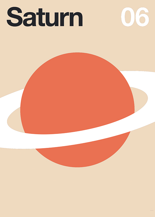  – Grafische illustratie van Saturnus, met een rode cirkel en een witte ring eromheen
