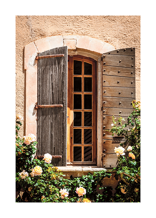  – Foto van rozenstruiken voor een huis met een houten raam