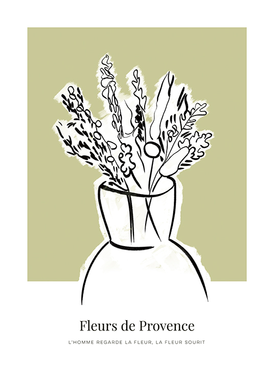  – Illustratie van witte, wilde bloemen in een vaas met zwarte contouren, tegen een groene achtergrond
