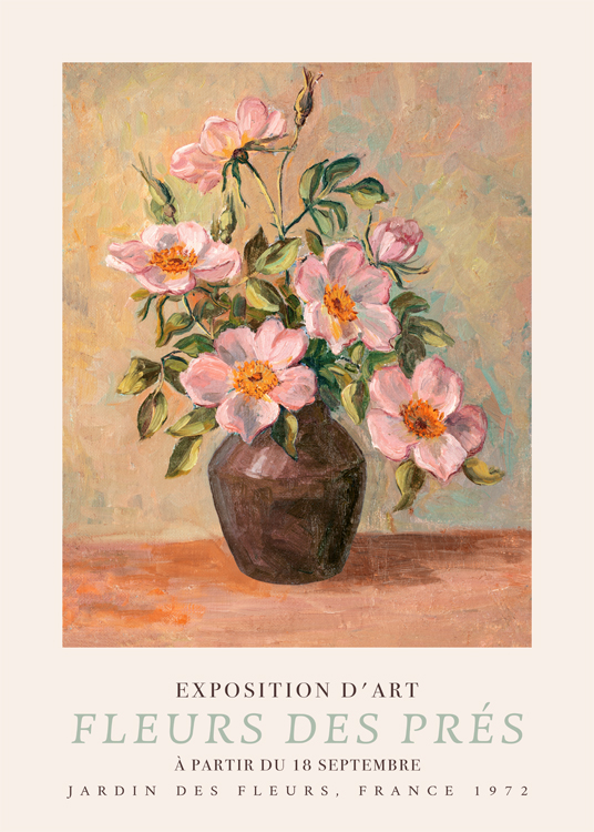  – Schilderij van een roze bloemenboeket in een vaas tegen een gekleurde achtergrond, met tekst aan de onderkant