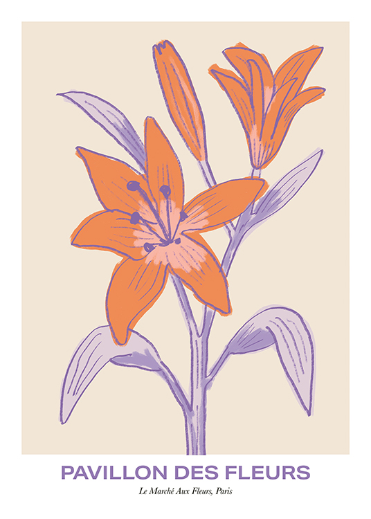  – Tekening van kleurrijke lelies met lichtbruine bloemblaadjes en lila bladeren op een beige achtergrond
