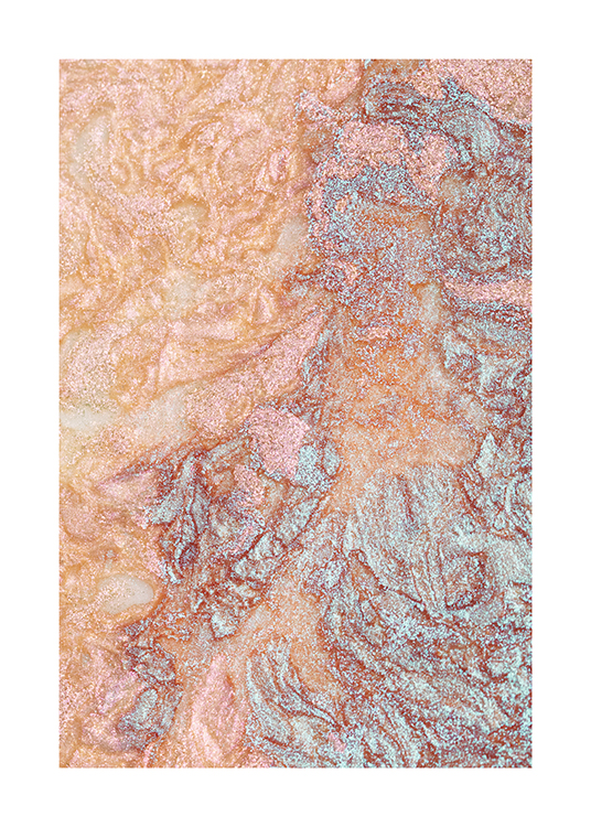  – Foto met close-up van iriserende gekleurde wervelingen, in roze en paars