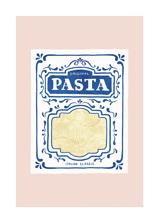  – Illustratie van een pastaverpakking in blauw en wit tegen een achtergrond in roze