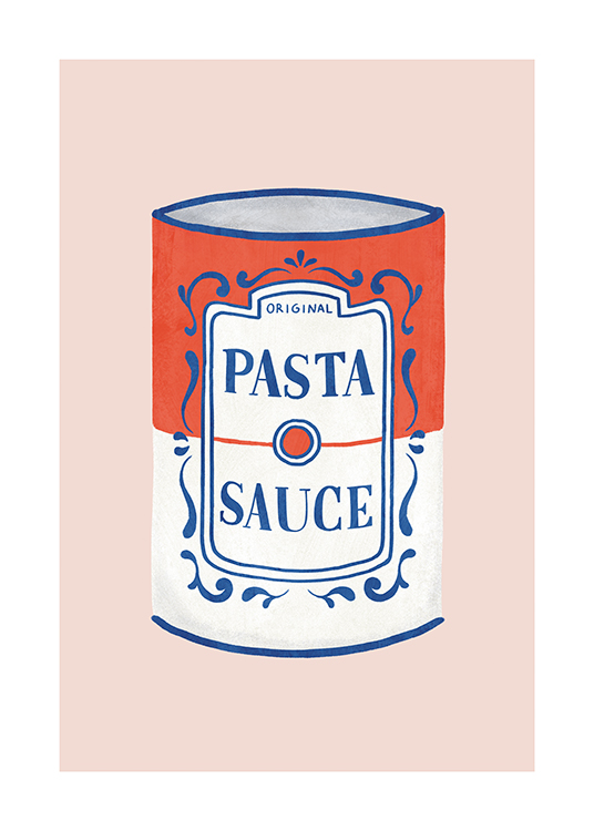  – Illustratie van een blik met pastasaus in rood en wit met blauwe details, tegen een roze achtergrond