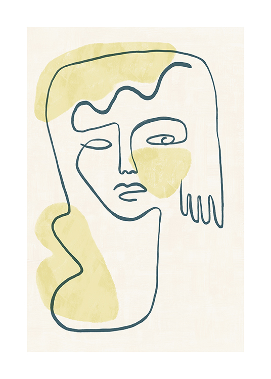 – Illustratie van een gezicht en hand in line art, gele vormen en een lichtbeige achtergrond
