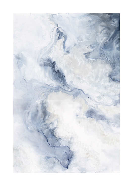  – Blauw, abstract schilderij met een wervelend patroon in blauw en wit