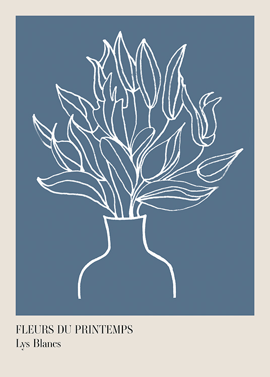  – Grafische illustratie met een boeket bloemen in een vaas, getekend in wit op een blauwgrijze achtergrond