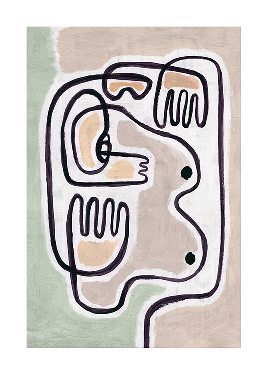  – Schilderij met een abstract ontwerp van een paar borsten en handen op een beige en groene achtergrond