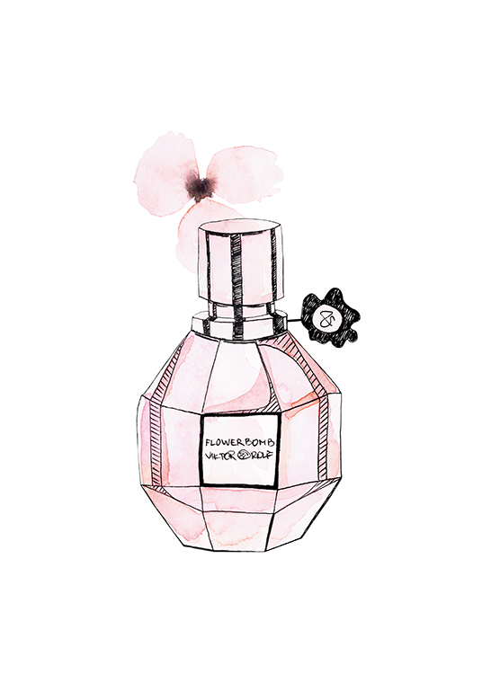  – Illustratie van een parfumfles in roze en een kleine, roze bloem tegen een witte achtergrond