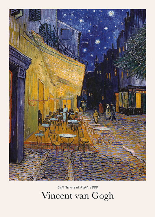  – Schilderij van een café in een stad, met een terras, en een donkerblauwe lucht op de achtergrond