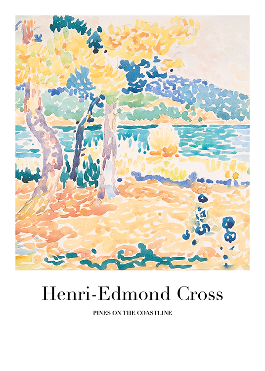  – Schilderij van een kleurrijk, abstract landschap met zee en bomen