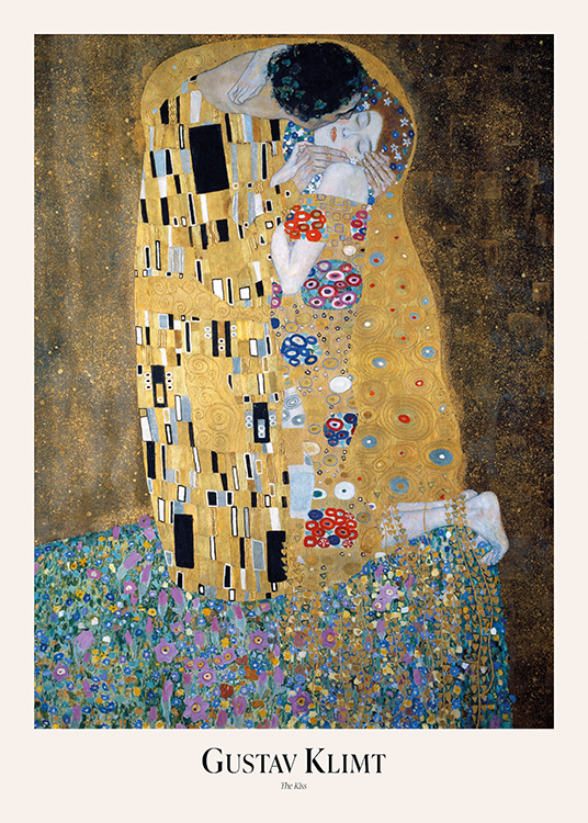  – Schilderij van een man die een vrouw op de wang kust, op een gouden en bruine achtergrond met bloemdetails