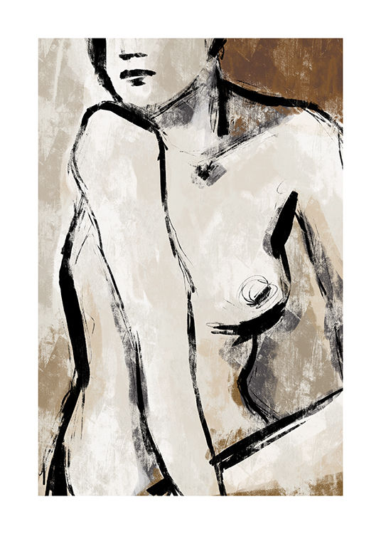  – Schilderij van het naakte lichaam van een vrouw in beige en zwart tegen een bruine en beige achtergrond