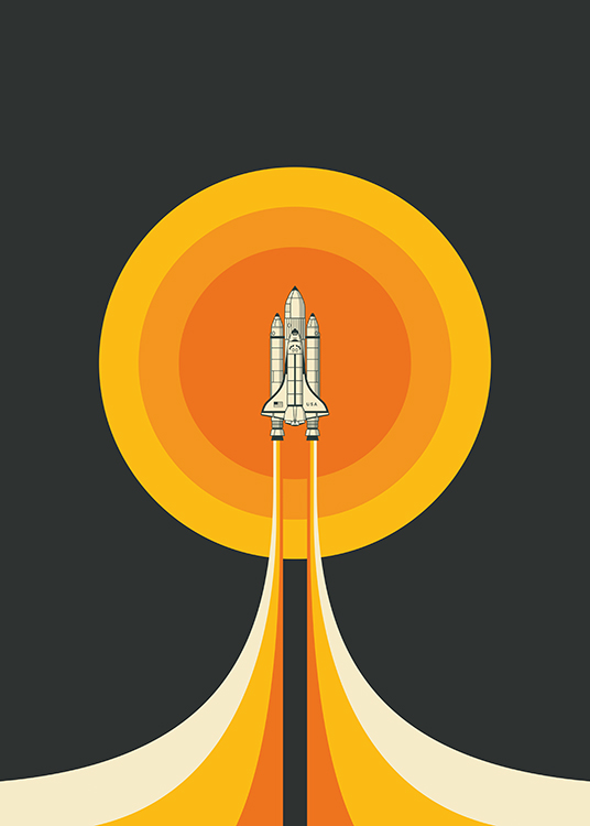  – Grafische illustratie van een gele en oranje cirkel achter een spaceshuttle
